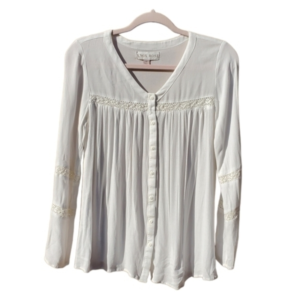 Knox Rose Ivory Rayon Long Sleeve‎ Button Up Blouse Shirt Top XS